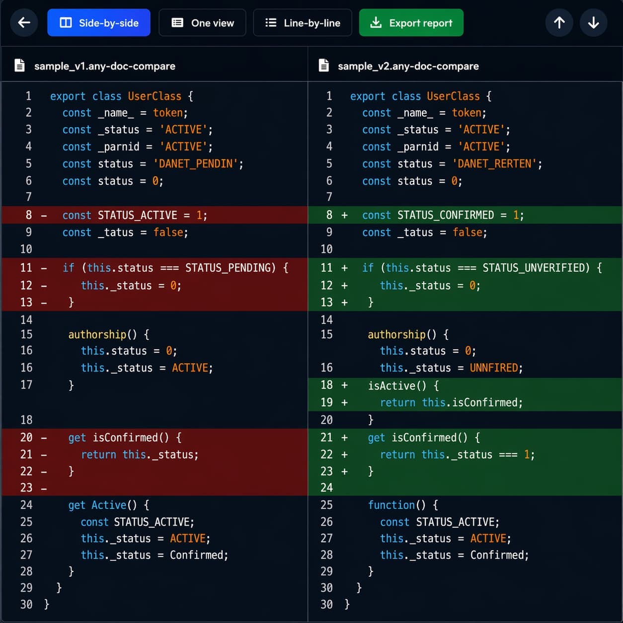 FileDiffs secure file comparison interface showing side-by-side code difs with red and green highlights